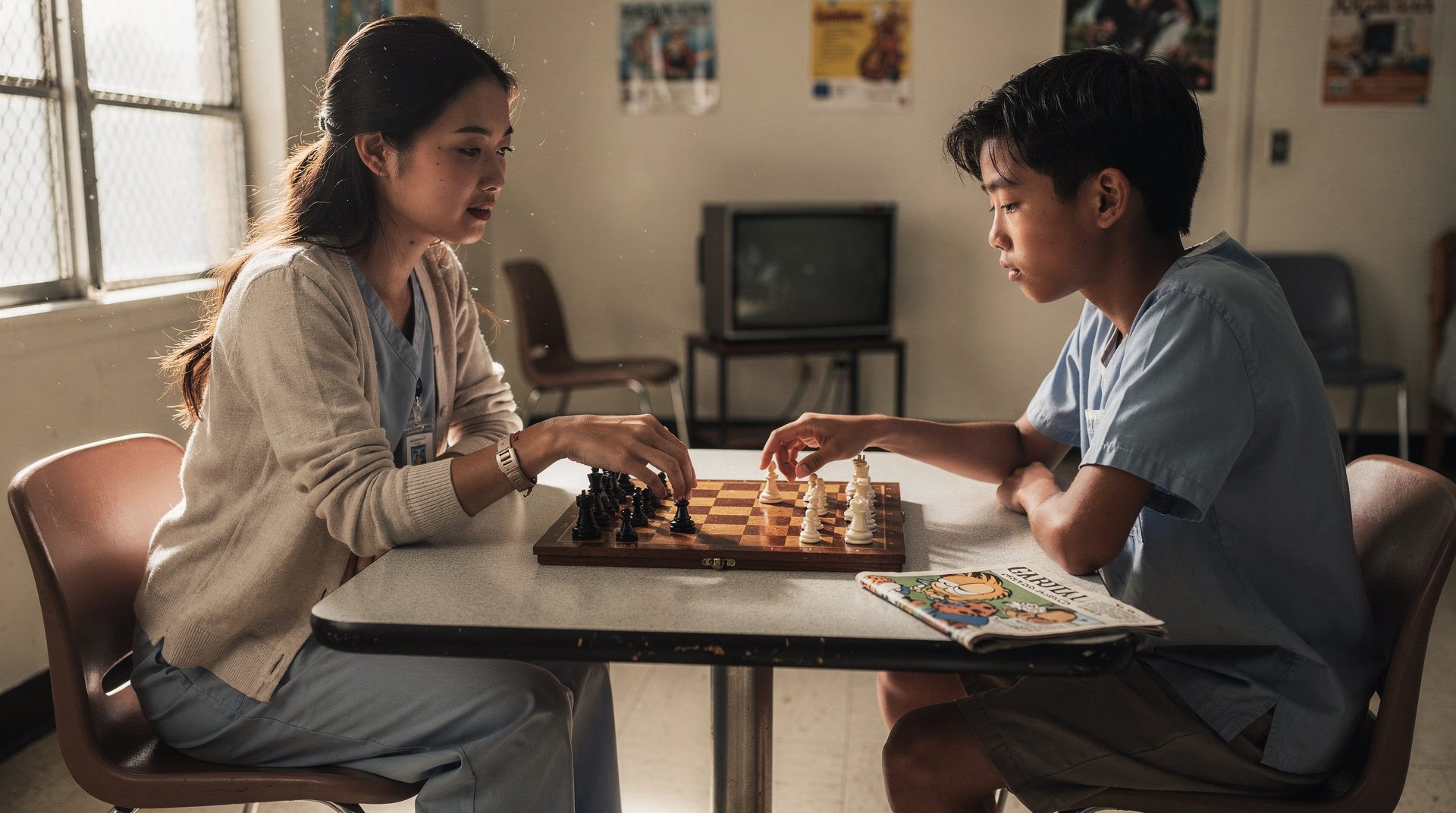 A young woman and a teenage boy playing chess in a hospital common room, a Garfield comic on the table beside them