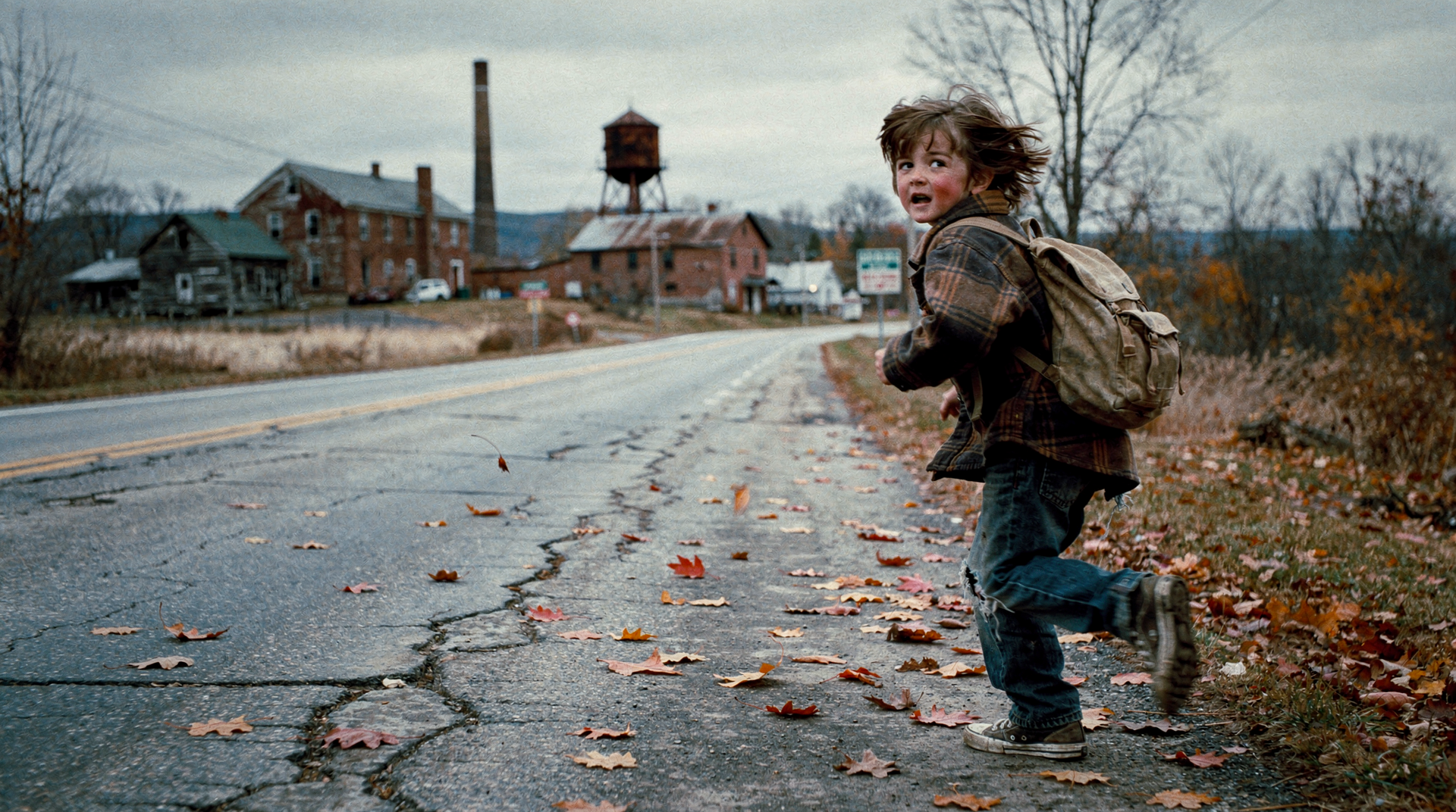 A boy running on a cracked highway in early fall, backpack on, small town fading behind him