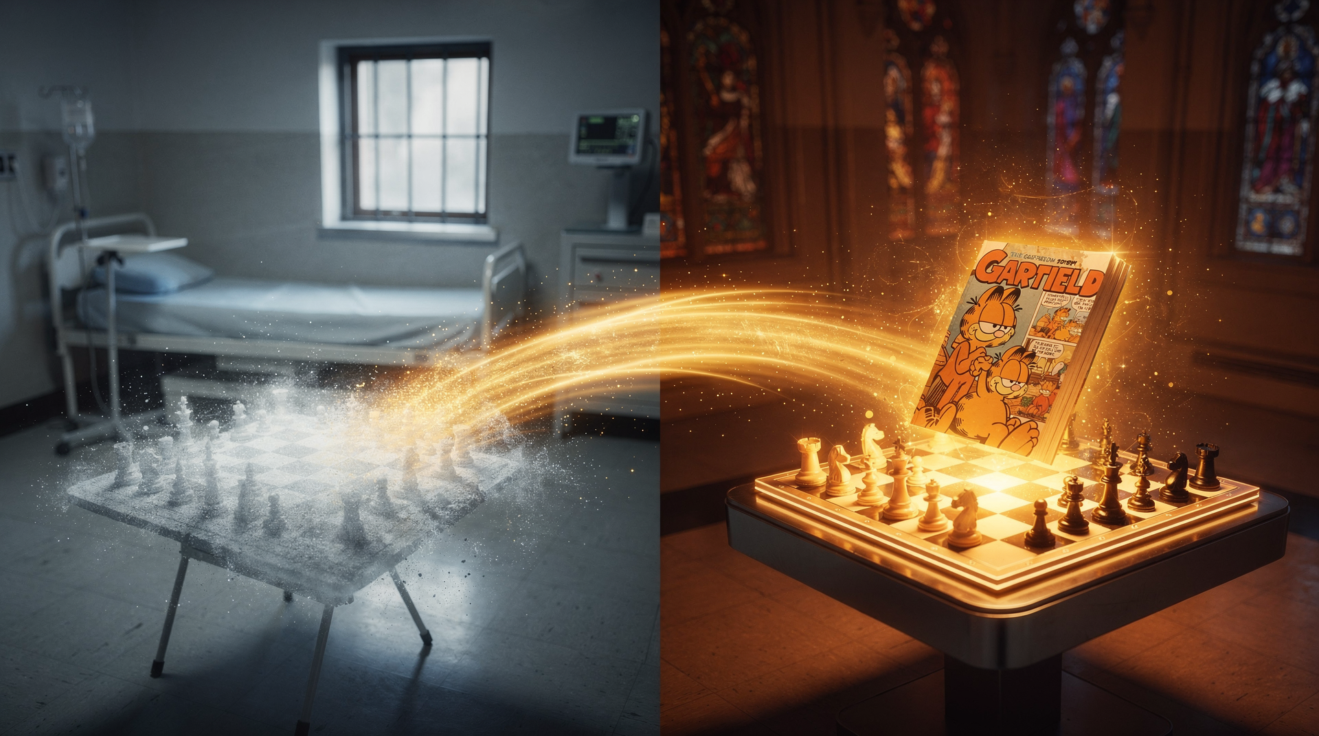 Split image — a cold hospital room with a chess board dissolving into particles on the left, a warm golden cathedral with a Garfield comic on a chess board on the right