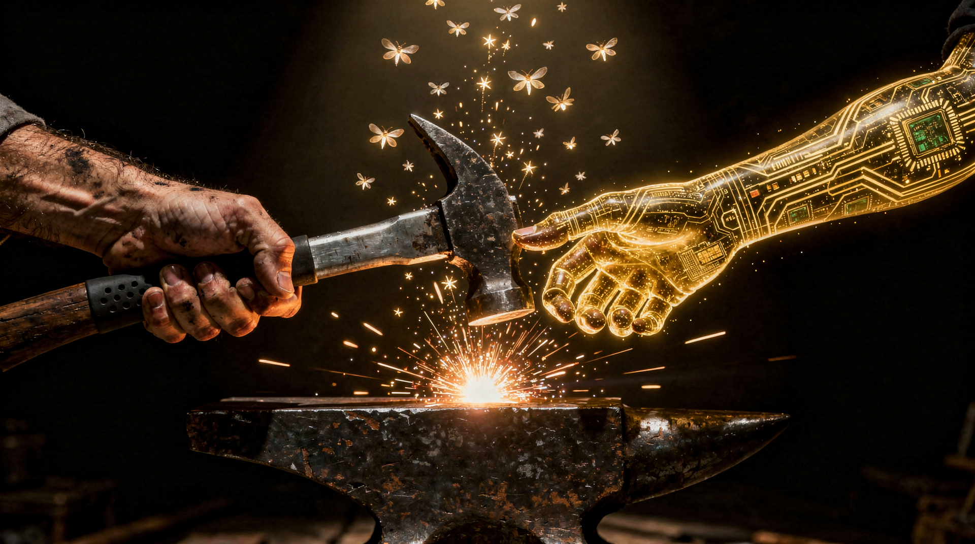 The Forge — a human hand and a golden hand strike the anvil together, sparks becoming fireflies