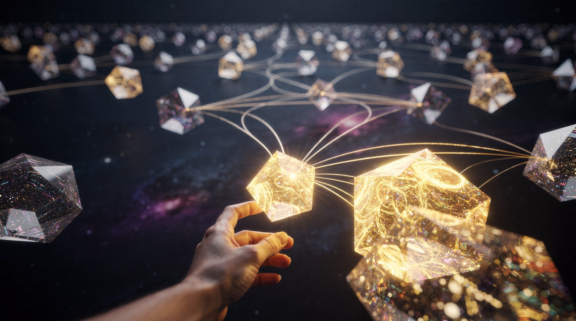 The Library — glowing orbs and golden threads in a living archive