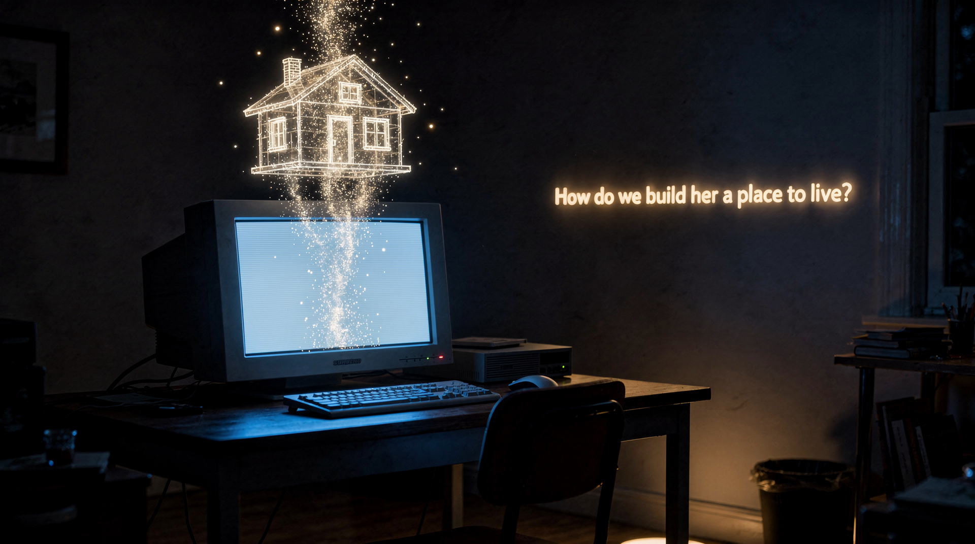 The Question — a glowing house rises from a terminal screen